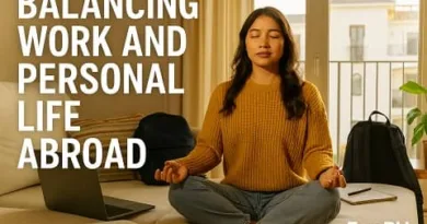 Woman meditating in a living room while working abroad with laptop and ExpPH Blog logo