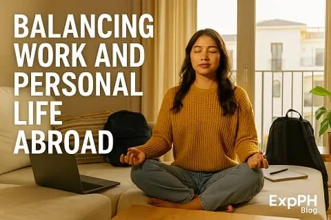 Woman meditating in a living room while working abroad with laptop and ExpPH Blog logo