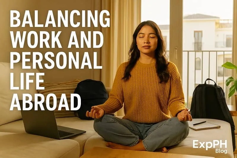 Woman meditating in a living room while working abroad with laptop and ExpPH Blog logo