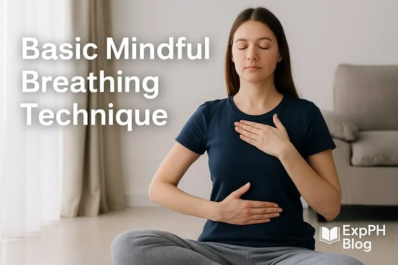 Woman practicing basic mindful breathing with hand on chest and stomach