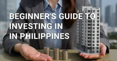 Realistic image of a person in business attire holding coin stacks and a building model, representing the Beginner’s Guide to Investing in the Philippines with the ExpPH Blog logo.