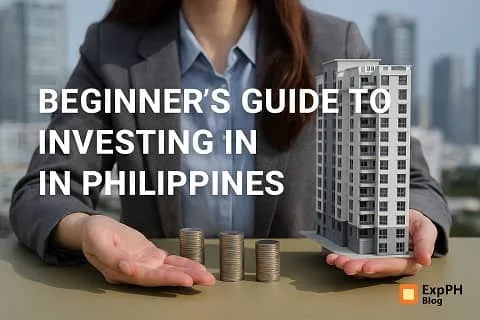 Realistic image of a person in business attire holding coin stacks and a building model, representing the Beginner’s Guide to Investing in the Philippines with the ExpPH Blog logo.