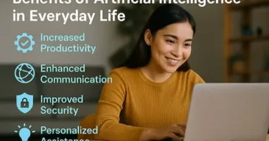 Realistic image of a Filipino woman working on a laptop at home, showing the benefits of artificial intelligence in everyday life through productivity, communication, security, and smart assistance.