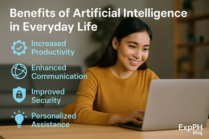 Realistic image of a Filipino woman working on a laptop at home, showing the benefits of artificial intelligence in everyday life through productivity, communication, security, and smart assistance.