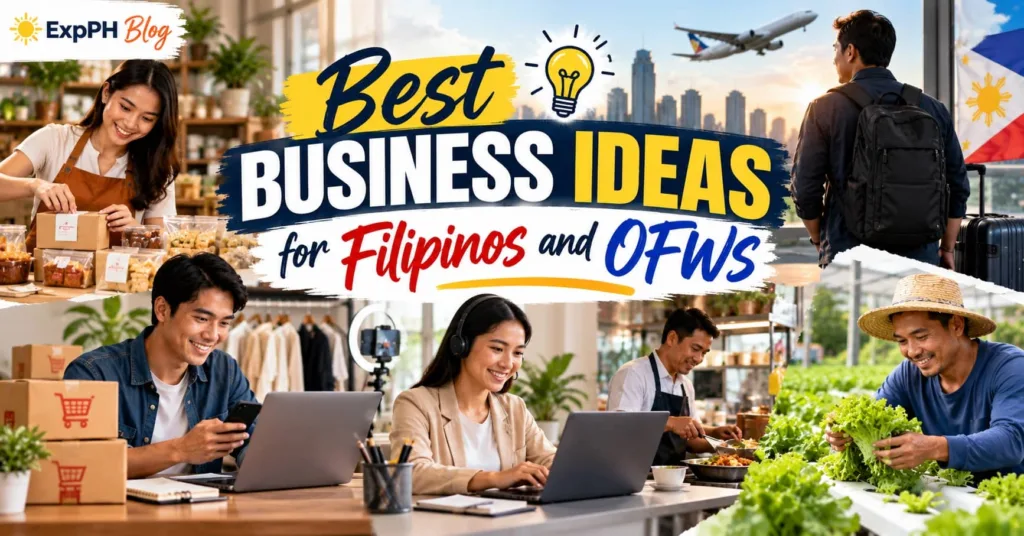 Best business ideas for Filipinos and OFWs, featuring online selling, freelancing, food businesses, and farming, with ExpPH Blog branding.