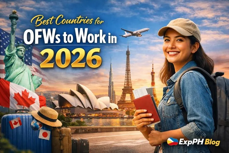 Filipino OFW holding passport with global landmarks showing best countries for OFWs to work in 2026, featuring the ExpPH Blog logo.