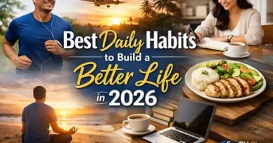 Realistic image showing Filipino daily habits in 2026 including jogging, journaling, healthy meals, meditation by the beach, and focused work, representing a better and balanced life.