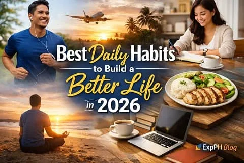 Realistic image showing Filipino daily habits in 2026 including jogging, journaling, healthy meals, meditation by the beach, and focused work, representing a better and balanced life.