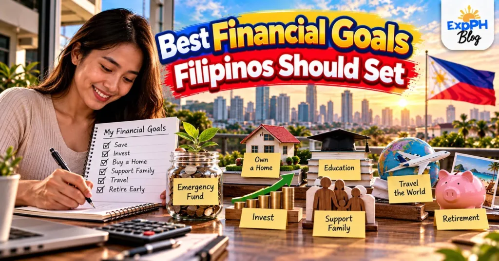 A young Filipina writing her financial goals beside savings, investment coins, a model home, education books, and retirement symbols, with a Philippine flag and city skyline in the background.