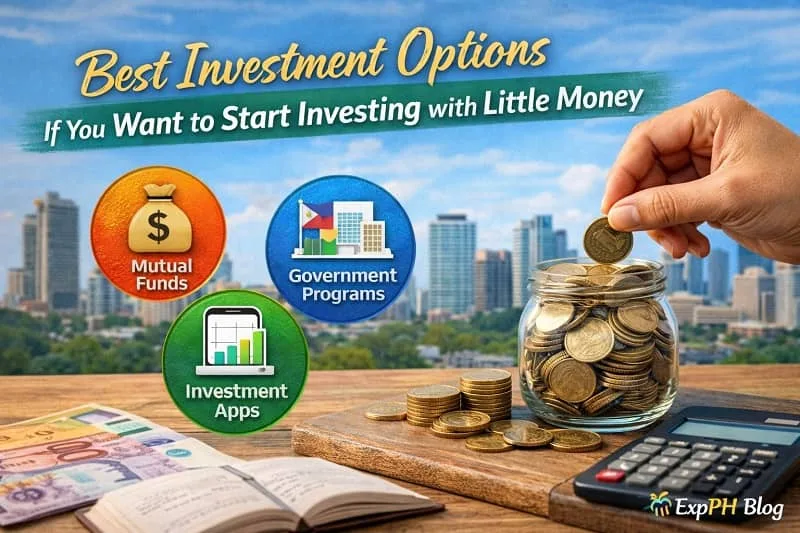 Filipino beginner placing coin into jar with peso bills, calculator, and icons showing mutual funds, government programs, and investment apps with ExpPH Blog logo