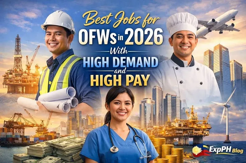 Best Jobs for OFWs in 2026 showing Filipino nurse, engineer, and chef representing high demand and high paying overseas careers with ExpPH Blog logo
