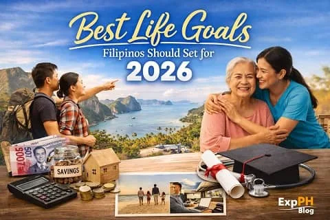 Filipino family planning future goals for 2026 showing savings, education, health, and travel with ExpPH Blog logo in a realistic lifestyle scene