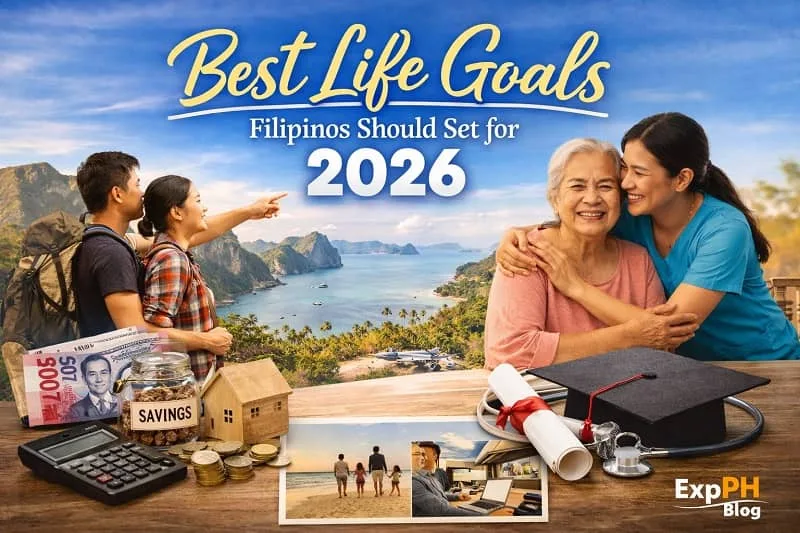 Filipino family planning future goals for 2026 showing savings, education, health, and travel with ExpPH Blog logo in a realistic lifestyle scene