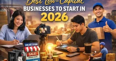 Best low-capital businesses to start in 2026 featuring Filipino entrepreneurs working online, reselling products, creating digital content, and managing small businesses with minimal startup costs.