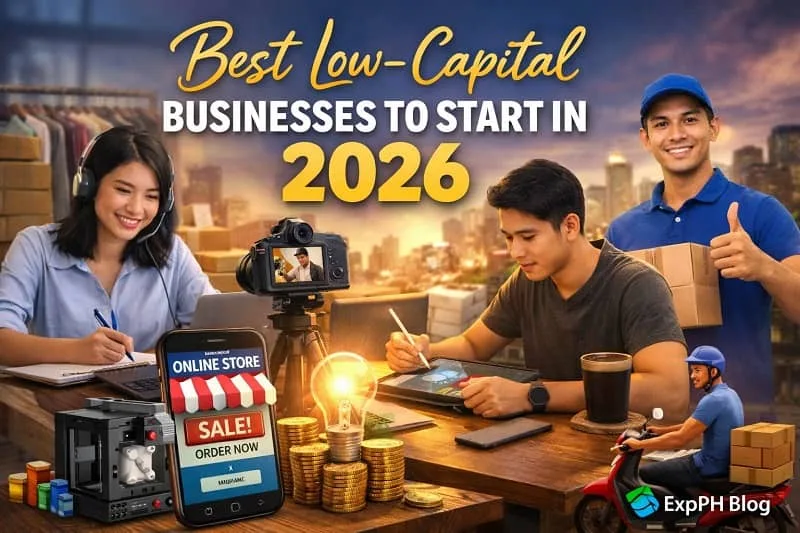 Best low-capital businesses to start in 2026 featuring Filipino entrepreneurs working online, reselling products, creating digital content, and managing small businesses with minimal startup costs.