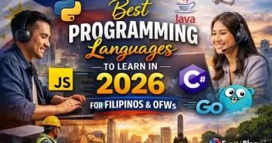 Filipino professionals and OFWs learning programming languages in 2026 using laptops and digital tools, showing coding, remote work, and global career opportunities with the ExpPH Blog logo.