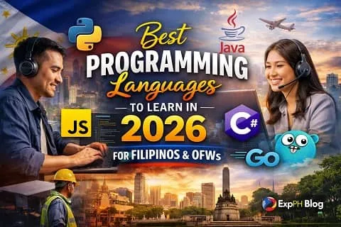 Filipino professionals and OFWs learning programming languages in 2026 using laptops and digital tools, showing coding, remote work, and global career opportunities with the ExpPH Blog logo.