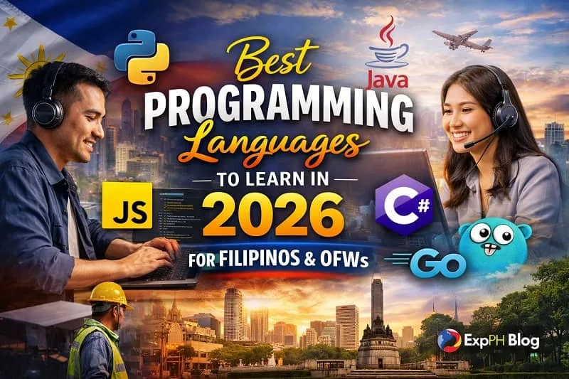 Filipino professionals and OFWs learning programming languages in 2026 using laptops and digital tools, showing coding, remote work, and global career opportunities with the ExpPH Blog logo.