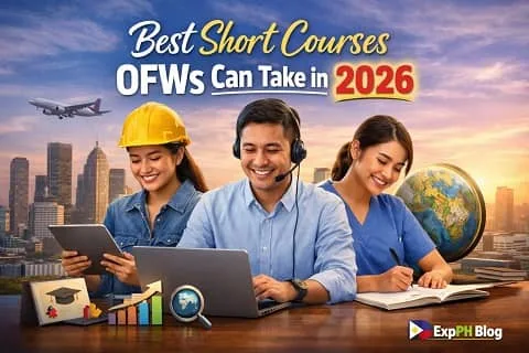 Filipino OFWs studying online using laptops and tablets, representing best short courses OFWs can take in 2026, with ExpPH Blog logo displayed.