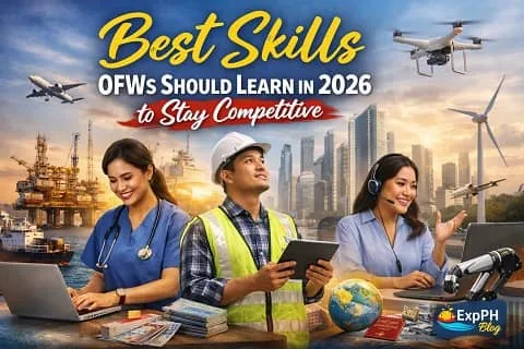 Filipino overseas workers learning future skills for 2026 including digital work, healthcare, and technology with ExpPH Blog logo displayed