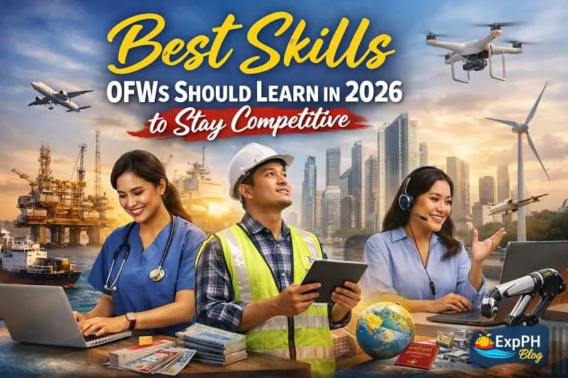 Filipino overseas workers learning future skills for 2026 including digital work, healthcare, and technology with ExpPH Blog logo displayed