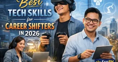 Filipino professionals learning modern tech skills for career shifting in 2026 with ExpPH Blog logo shown