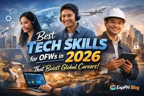 Filipino OFWs using technology skills for global careers in 2026, featuring web development, digital tools, and remote work with ExpPH Blog branding
