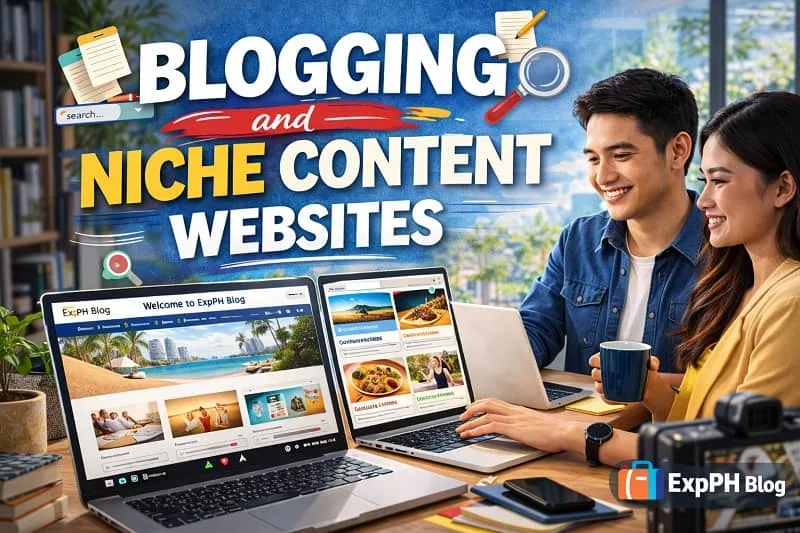 Filipino bloggers working on laptops creating niche content websites such as travel and food blogs, with ExpPH Blog logo displayed.