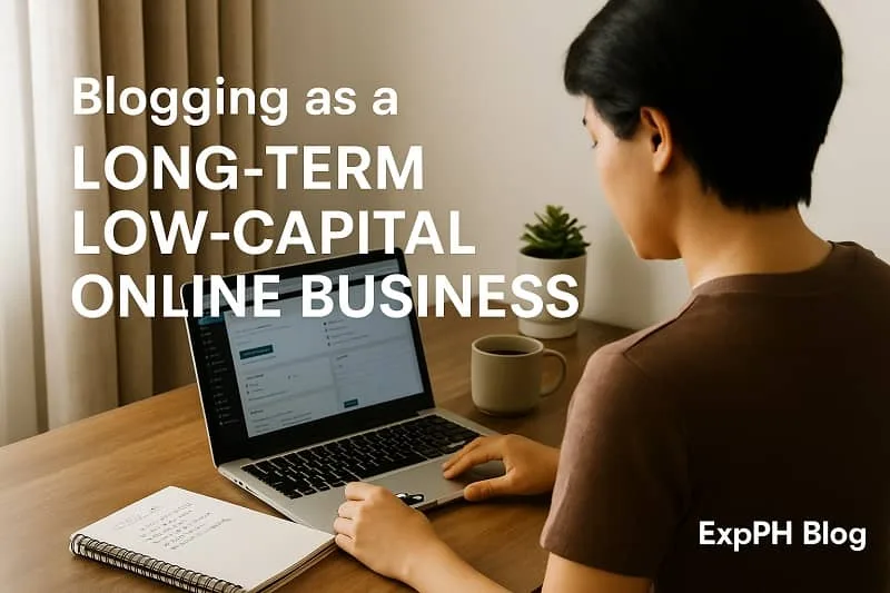 Blogger working on a laptop at home showing blogging as a long term low capital online business