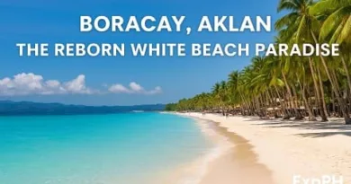 A realistic view of Boracay’s White Beach with turquoise water, coconut trees, soft white sand, and the ExpPH Blog logo.