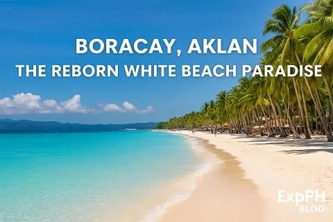 A realistic view of Boracay’s White Beach with turquoise water, coconut trees, soft white sand, and the ExpPH Blog logo.