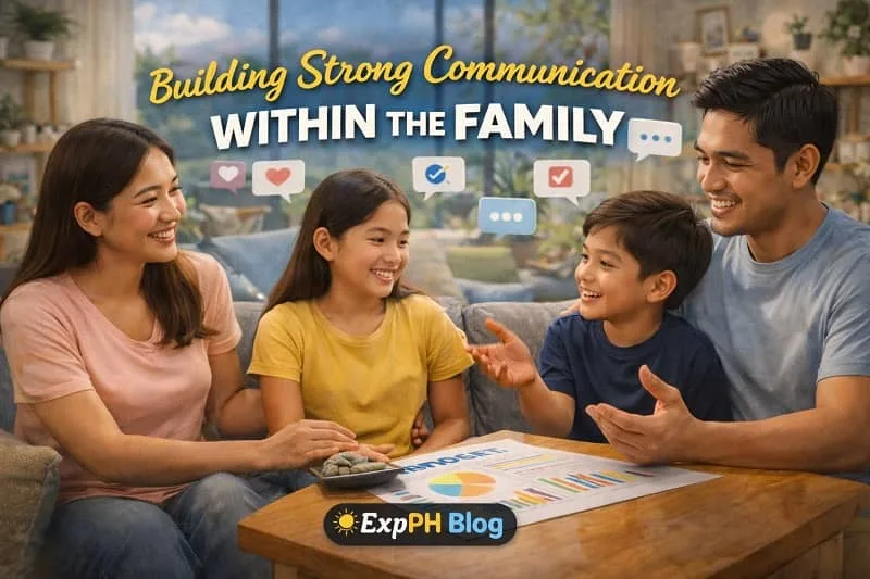 Filipino family having a meaningful conversation together at home, showing open communication and bonding, featuring ExpPH Blog logo
