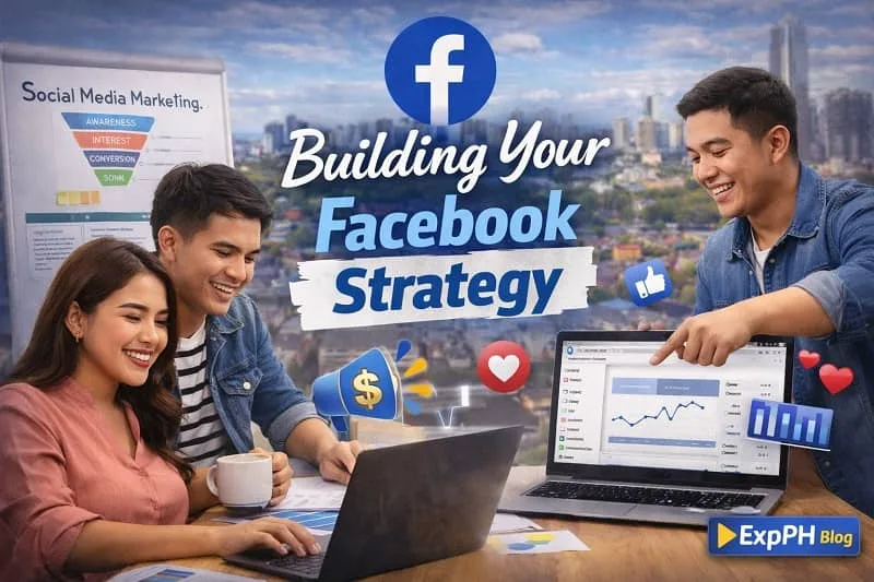 Filipino professionals planning a Facebook marketing strategy using laptops, analytics, and social media tools for business growth