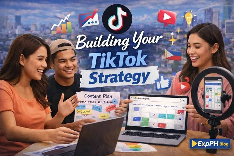 Filipino content creators planning a TikTok strategy using smartphones, content ideas, and analytics for social media growth