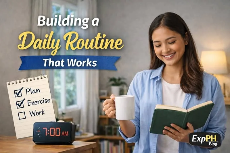 Filipino remote worker holding a planner and coffee at a home workspace, showing building a daily routine that works with ExpPH Blog logo