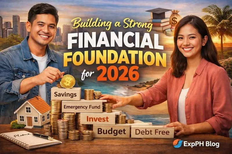 Building a strong financial foundation for 2026 showing Filipino adults focusing on savings, emergency funds, budgeting, investing, and debt free goals with ExpPH Blog logo