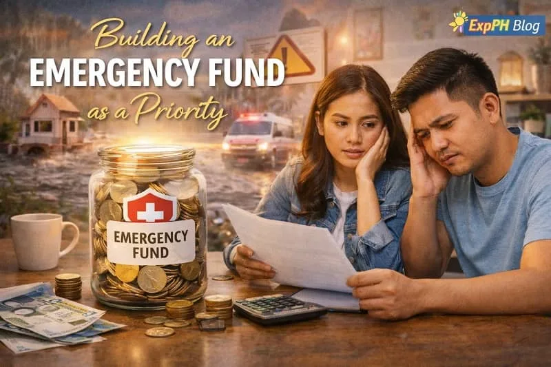 Building an emergency fund as a priority showing a Filipino couple reviewing expenses with savings jar, calculator, and Philippine peso money with ExpPH Blog logo