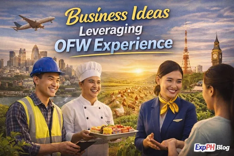 Filipino OFW entrepreneur planning a business using overseas work experience with ExpPH Blog logo displayed