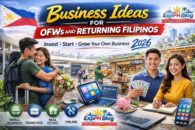 OFW couple reunited at the airport while planning business investments in the Philippines, with small business, franchise, and online opportunities shown alongside the ExpPH Blog logo.