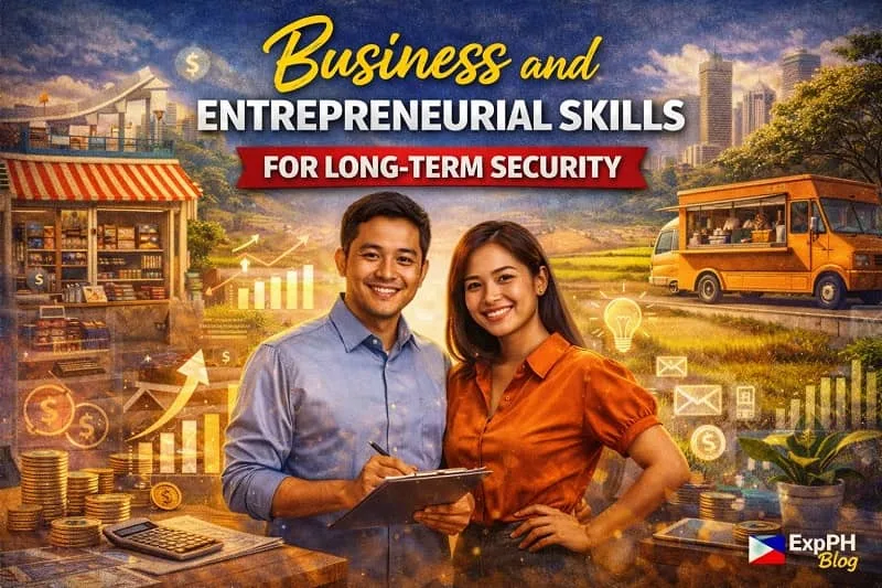 Filipino OFWs planning a small business with financial charts and local enterprise visuals, representing business and entrepreneurial skills for long-term security