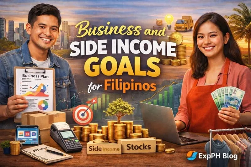 Business and side income goals for Filipinos showing Filipino entrepreneurs managing small businesses, online selling, and side hustles with ExpPH Blog logo