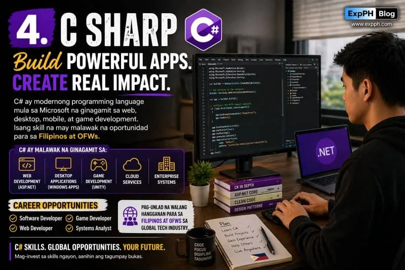 A Filipino developer working on C# code in a modern workspace with monitors showing .NET applications, featuring bold mixed-font typography and ExpPH Blog logo.