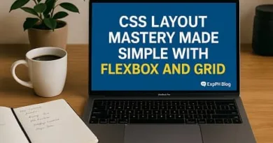 Realistic workspace with a laptop showing CSS Layout Mastery Made Simple with Flexbox and Grid and a small ExpPH Blog logo