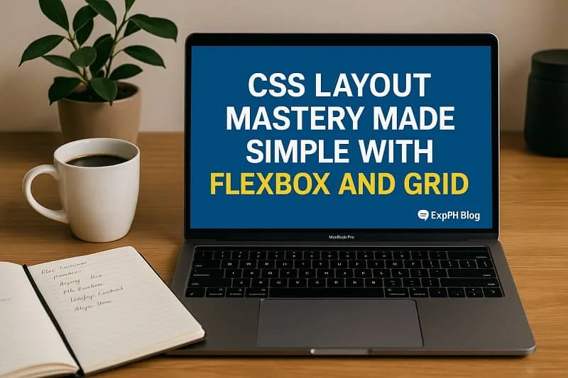 Realistic workspace with a laptop showing CSS Layout Mastery Made Simple with Flexbox and Grid and a small ExpPH Blog logo