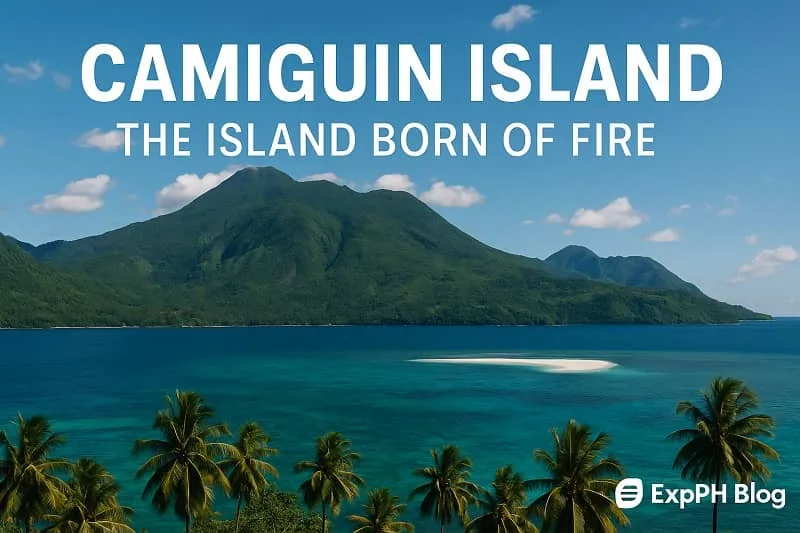 A realistic view of Camiguin Island showing Mount Hibok Hibok, turquoise waters, White Island sandbar, palm trees, and the ExpPH Blog logo.