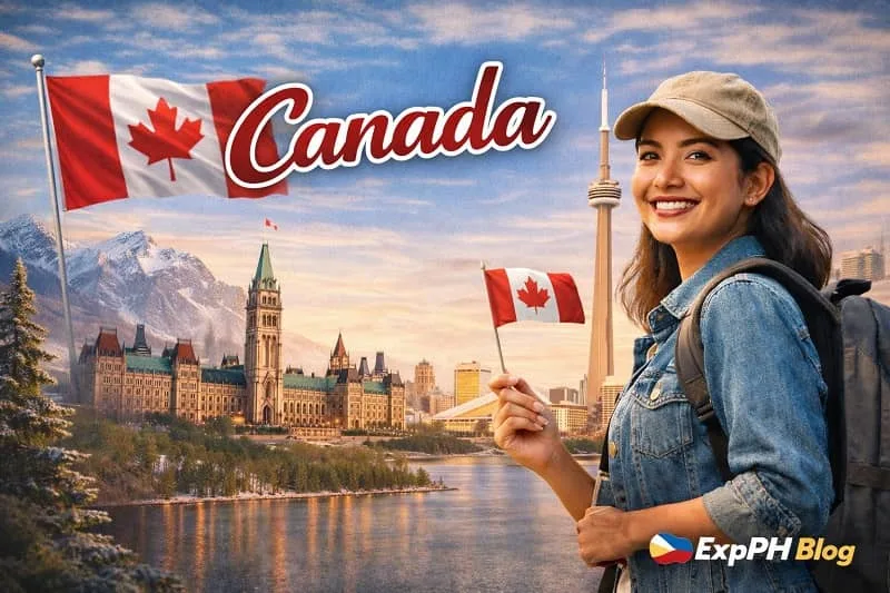 Smiling Filipina OFW holding a Canadian flag with the CN Tower and Parliament buildings in the background, representing Canada work opportunities for Filipinos, with ExpPH Blog logo.