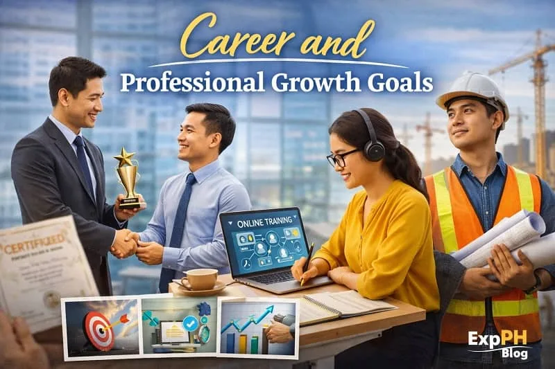 Filipino professionals pursuing career and professional growth goals through promotion, online training, and skilled work, with ExpPH Blog logo in a realistic workplace scene