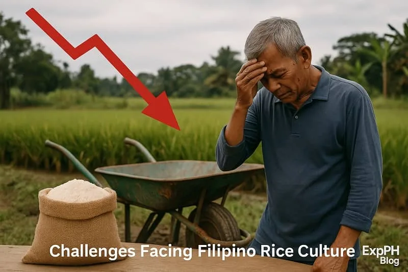 An elderly Filipino rice farmer standing in a rice field with a worried expression beside a sack of rice and farming tools, representing the challenges facing Filipino rice culture.