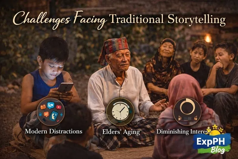 Challenges facing traditional storytelling shown through elders sharing stories with youth while modern distractions reduce attention in a Filipino community setting