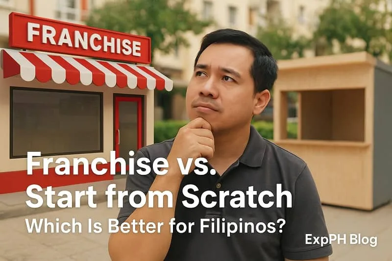 A realistic image of a thoughtful Filipino comparing a franchise stall and a startup booth, deciding which business path is better for Filipinos with the ExpPH Blog logo.